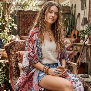 Boho Red & Blue Paisley Kimono Cover-Up one size All.